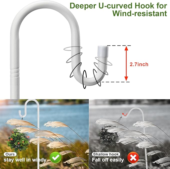 Hummingbird Feeder Pole for Outdoors - Heavy Duty Bird Feeder Stand with Adjustable Stake,62" Rustproof Shepards Poles with Hangers Holder for Birdfeeder,Wind Chimes,Lanterns,Wreaths,White