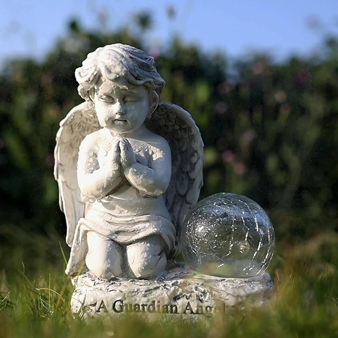 Angel Decor Praying Cherubs Statue, Garden Decor with Solar Crackle Glass Globe for Lawn Patio Decorations