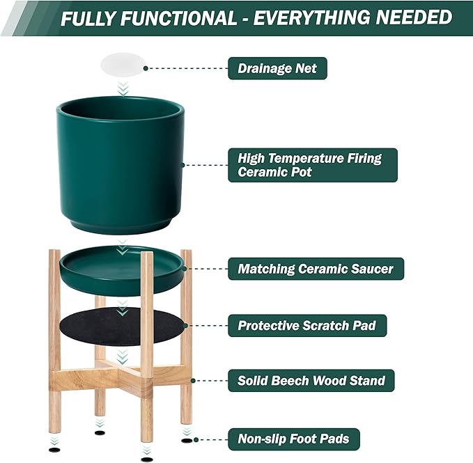 D'vine Dev Ceramic Planter with Natural Stand - 8 Inch Modern Round Flower Pot with Wood Planter Holder, Teal, 55-B-N-4