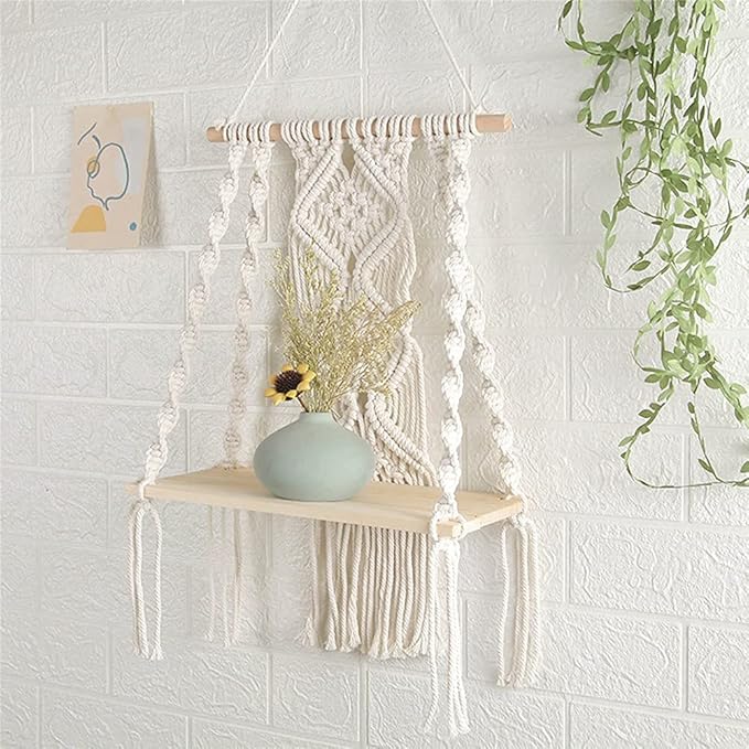 Macrame Wall Hanging Plant Decor Shelf Indoor Outdoor Floating Wood shelve Decorative Hand Made Rope Boho Shelving for Plants