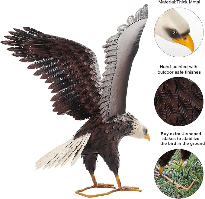 chisheen Bald Eagle Statue Outdoor Garden Sculpture Metal Yard Art Lawn Decorations,Large Eagle Figurines and Statues