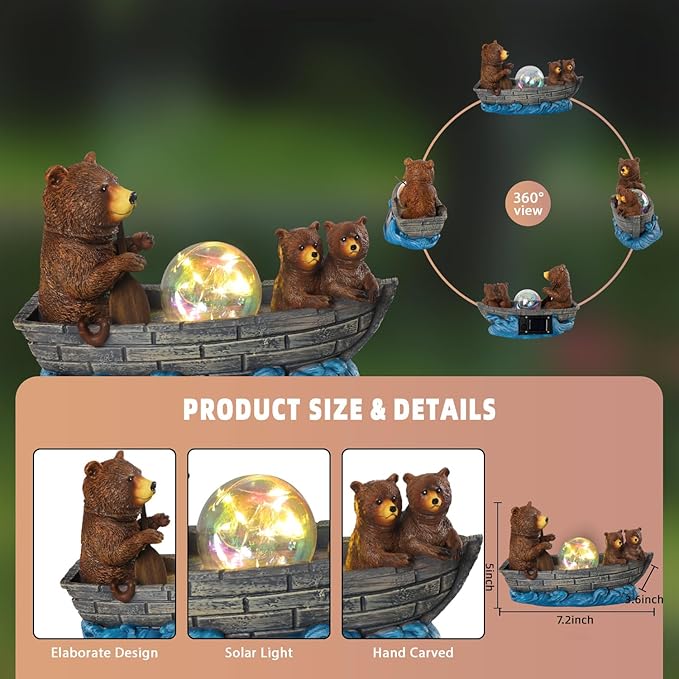Solar Bears Boating Statue with Ball Light 5" Resin Bear Figurines Waterproof Bear Decorations for Home Yard Patio Porch Balcony Best Garden Gifts for Women Mothers Grandmothers Sisters