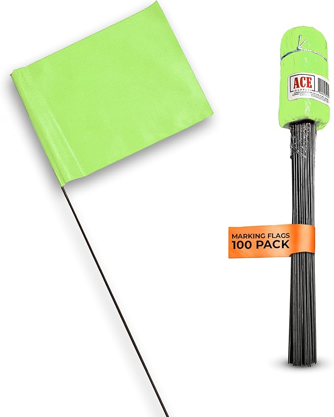 Fluorescent Lime Marking Flags 100 Pack - 4x5x15 Inch Marker Flags - Markers For Lawn, Irrigation, Landscaping, Survey & Sprinkler Head Marking