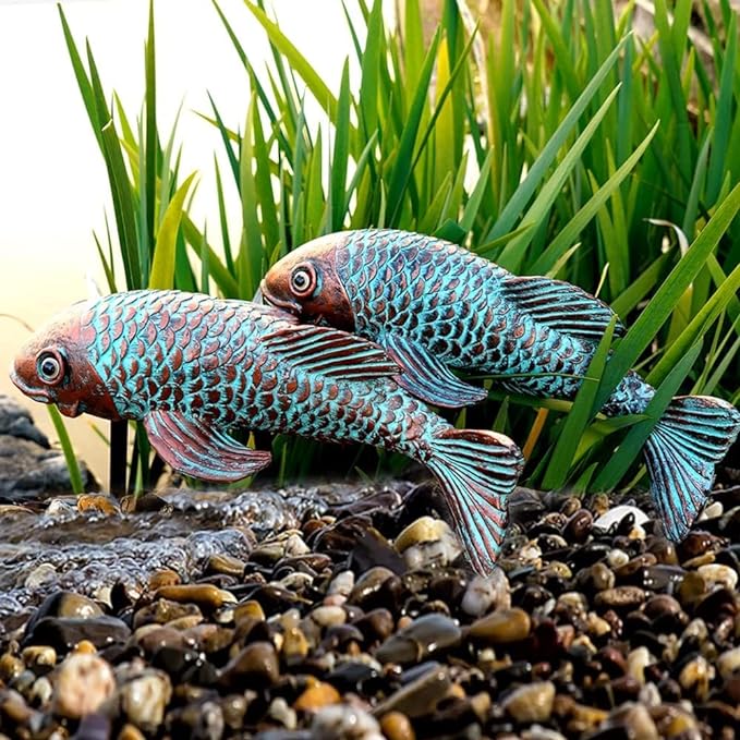 Koi Fish Decor - Set of 2 Antique Koi Fish Garden Statue for Outdoors, Patio and Backyard Decoration