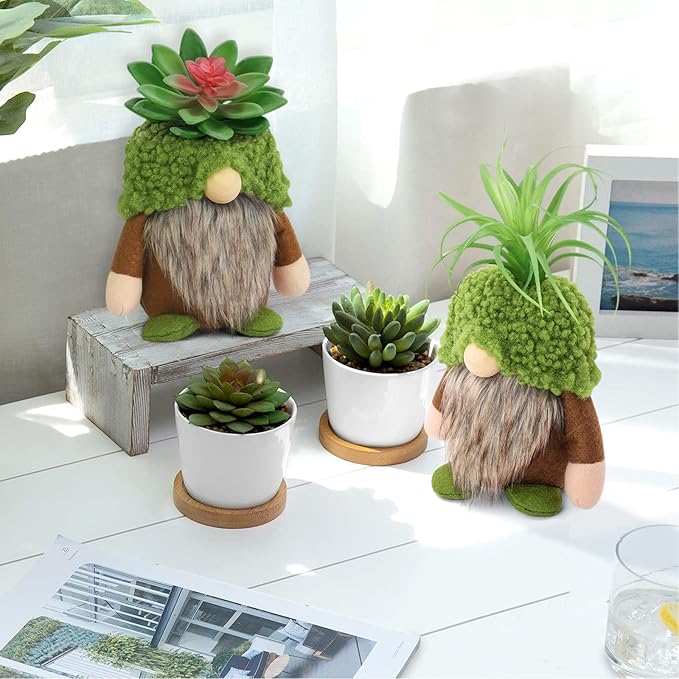 Upltowtme Succulent Gnomes Spring Green Plants Gnomes Swedish Plush Tiered Tray Decoration Tomte Doll Decor Cacti Nordic Dwarf Home Stuffed Gnomes Collection Garden Gift for Her Him Plant Lover