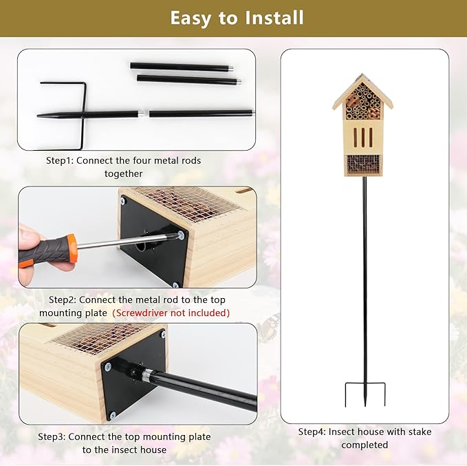 Wooden Insect House, Bee House with Metal Stake for Gardens, Insect Hotel & Butterfly Hotel on The Ground or Hanging on Tree Wall, Natural Insect Habitat for Bee, Butterfly, Ladybirds, Bugs