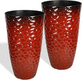 Worth Garden 14" Dia x 24" H Large Plastic Planters with Drainage Hole, Set of 2 Hammered Texture Red Glossy Smooth Finish, Tall Taper Round Decorative Flower Plant Pot for Indoor Outdoor, Front Porch