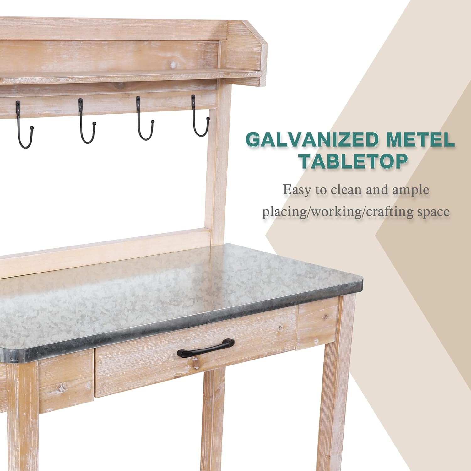 Outdoor Potting Bench Table with Metal Tabletop, Planting Table Potting Work Station with Storage Drawer and Removable Shelf Rack, Garden Potting Table for Outdoors