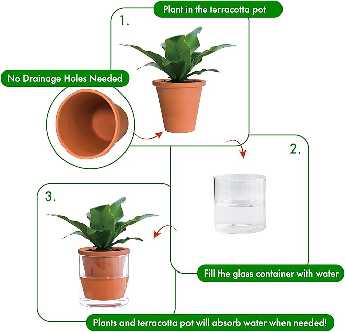 D'vine Dev 4 Inch Design Self Watering Pot for Indoor Plants, Terracotta Planter with Cylinder Glass Cup, Set of 2, 37-Y-A-1