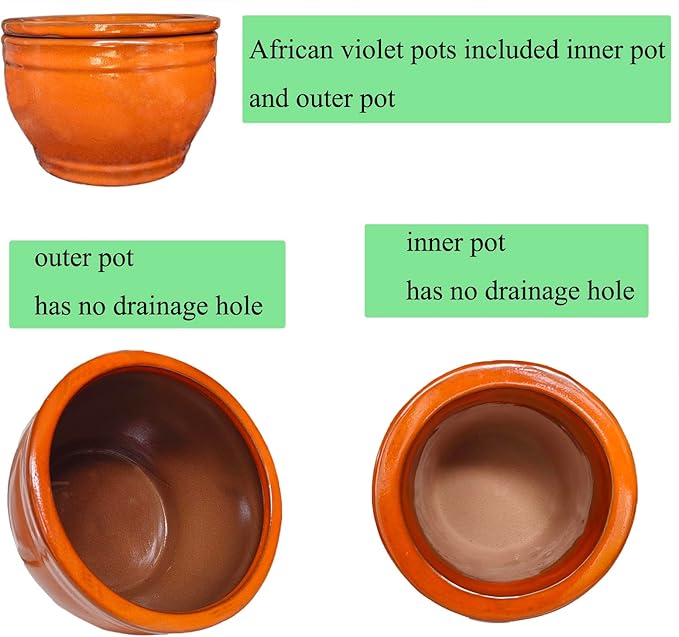 African Violet Pots Self Watering Round Ceramic Violet Pot (Orange, 6 inch)