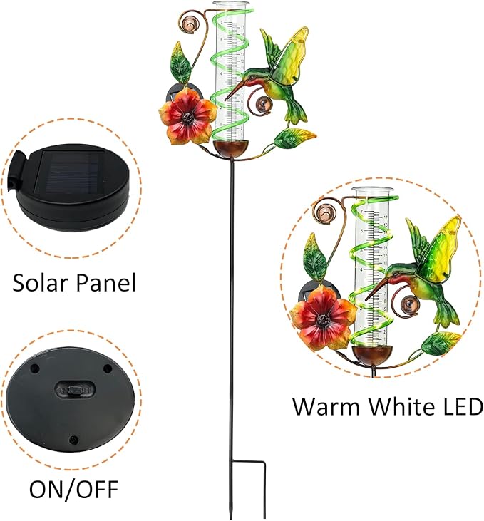 LEWIS&WAYNE 36.3” Hummingbird Rain Gauge Outdoor, 7” Glass Tube Solar Powered 10 Warm White LEDs Garden Metal Stakes Decorative Waterproof for Yard Garden Patio Lawn