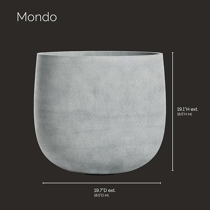Mondo Large Planter – Concrete Stone Finish – Fiberglass Indoor/Outdoor and Weather-Resistant Round Planter (19.7" D x 19.1" H Exterior, 18.5" D x 18.5" H Interior)
