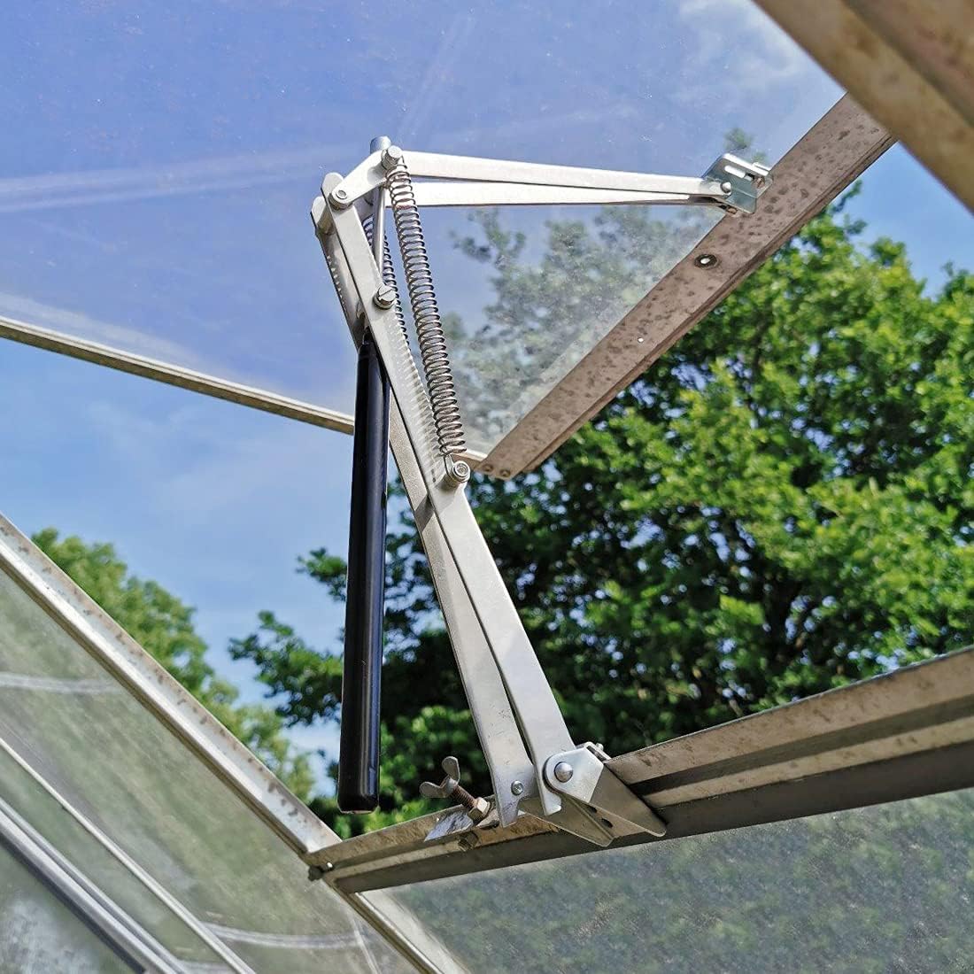 BIBISTORE Automatic Greenhouse Vent Opener Solar Powered Auto Hothouse Window Opener Wooden Cold Frame Roof Vent Opening Kit Greenhouse Accessories-(Lifts 15.4 Lbs,Double Spring)
