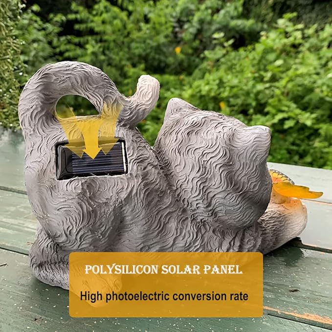 Solar Garden Statue Cat,Garden Figurine Outdoor Decoration with Cat Holding Butterfly for Yard,Patio,Lawn Art Decoration,Housewarming Gift