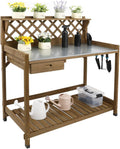 Garden Potting Bench with Metal Tabletop,Outdoor Potting Table Workstation Benches with Drawer/Storage Shelf，Fir Wood Potting Station Work Table with Open Shelf,Lattice Back (Brown)