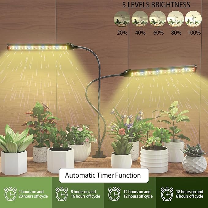 [2024 Newest] Grow Light, 5000K Full Spectrum White Red Blue 138 LED Plant Lamp Clip-on Desk for Indoor Plants Growing, 5 Dimmable Levels & Timer Setting 4/8/12/18H