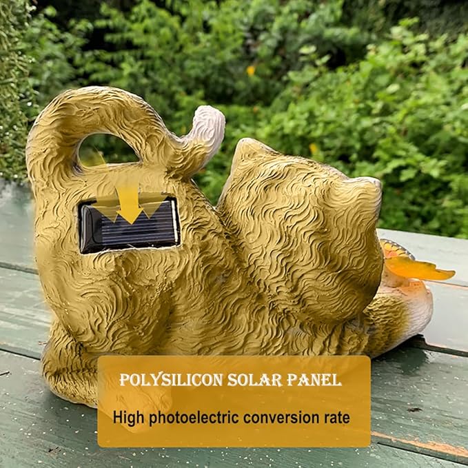 Solar Garden Statue Cat,Garden Figurine Outdoor Decoration with Cat Holding Butterfly for Yard,Patio,Lawn Art