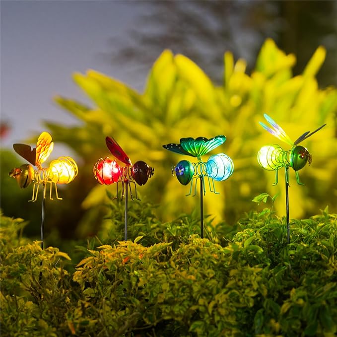 Insects Solar Garden Lights, 22.4" H Butterfly & Bee & Dragonfly & Ladybug Solar Stake Light, 4 Pcs Outdoor Statues Figurine Lights for Spring Garden Lawn Patio Yard Decoration