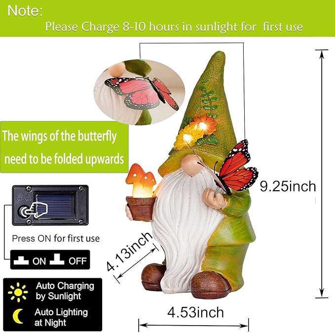 Garden Gnomes Outdoor Garden Decor-Resin Gnome with Solar Outdoor Lights Decorative Mushroom and Vivid Butterfly Spring Gnomes Decorations for Yard Decor,Gardening Gifts for Women