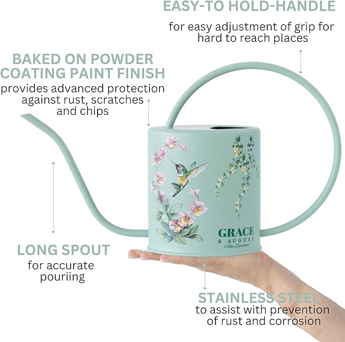 Watering Can for Indoor House Plants - Cute Decorative Metal Gardening Small Water Can for Houseplants & Flowers with Long Spout - 1.5L 51floz 0.4 Gallon (Hummingbird Sage)