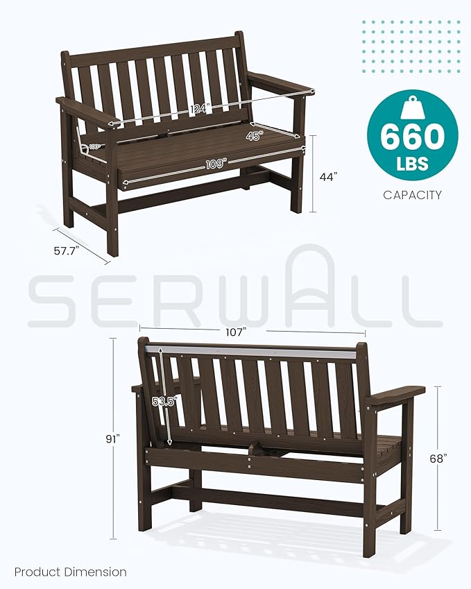 SERWALL Outdoor Bench, HDPE Outdoor Benches Weatherproof, 2-Person Garden Bench with 660 lbs Weight Capacity, Patio Benches for Outdoors, Garden, Porch, Backyard and Park, Coffee, 2 Pack