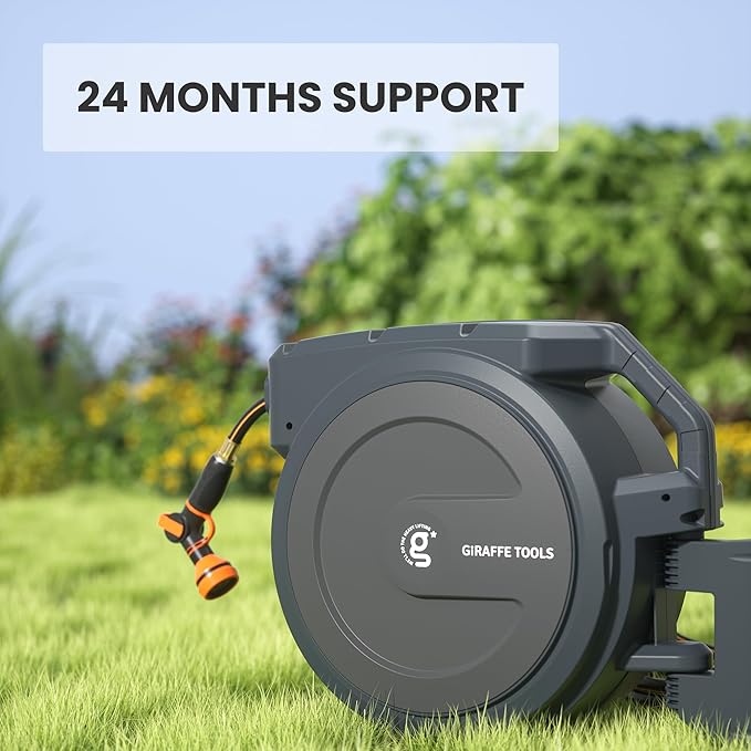 Giraffe Tools AW30 1/2MB Retractable Garden Hose Reel 1/2" x 100 ft PRO Metal Bracket, Heavy Duty, Any Length Lock Hose Reel, 100 ft, Dark Grey