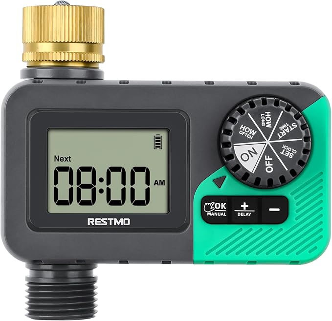 RESTMO Sprinkler Timer with Brass Inlet, Water Timer for Garden Hose, Rain Delay/Manual/Automatic for Outdoor Faucet, Drip Irrigation and Lawn Watering System