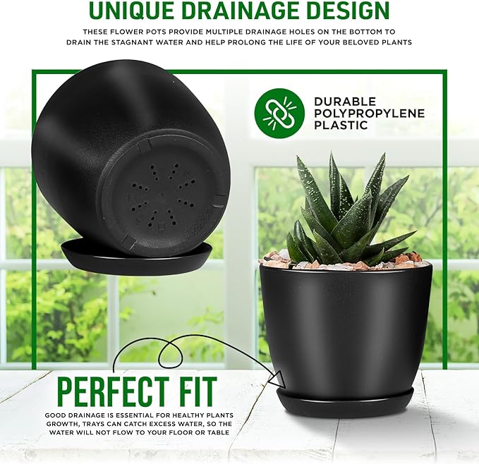 Plant Pots with Multi Drainage Holes - 10 Pieces Versatile, Sturdy Plastic, Stackable Design Home Decor Flower Pots for Indoor and Outdoor Gardening - Black