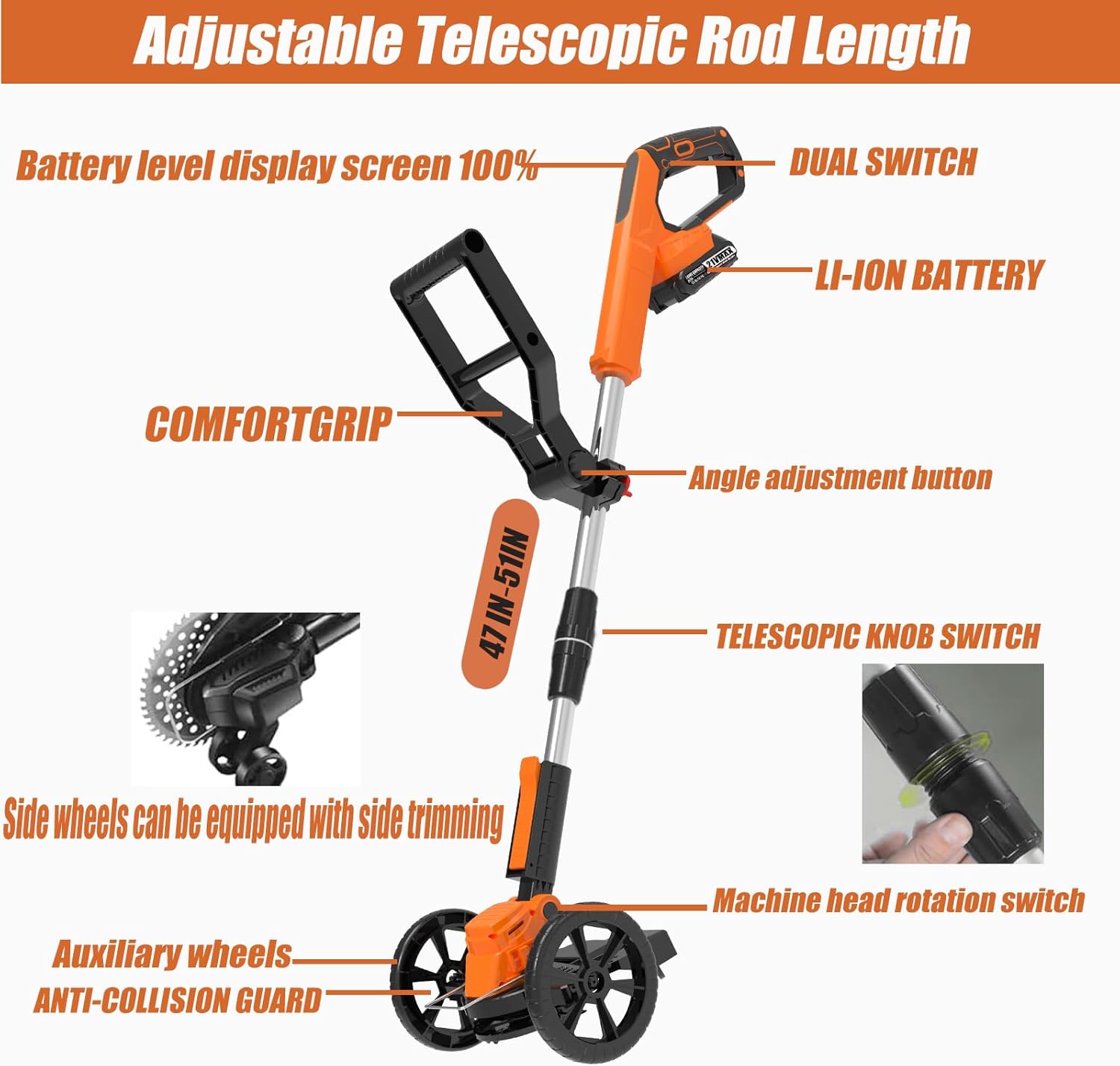Weed Wacker Battery Powered Electric Cordless Weed Trimmer, with 2Pcs 21V Battery 5 Types Blades Lightweight Grass Trimmer Edger Lawn Tool, Push Wheeled No-String Trimmer for Garden Yard