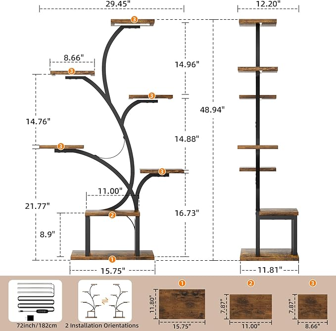 Plant Stand Indoor with Grow Lights, 7 Tiered Indoor Plant Shelf, 49" Corner Plant Stands for Indoor Plants, Metal Plant Flower Display Shelves, Tree-Shaped Plant Rack for Home, Patio, Black