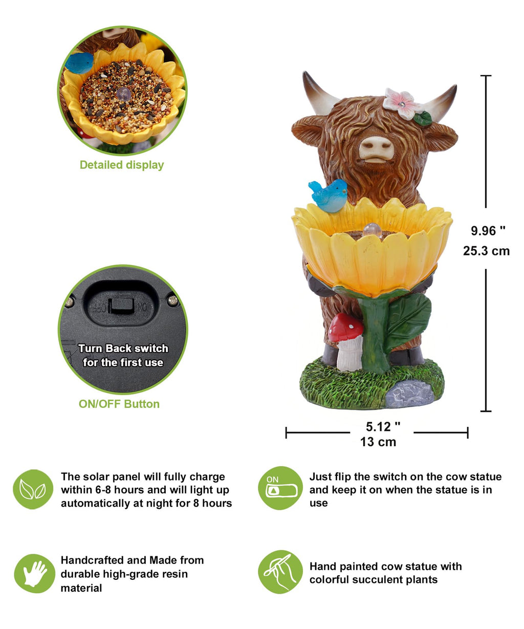 Nacome Solar Highland Cow Garden Decor Outdoor Statue Brown Realistic