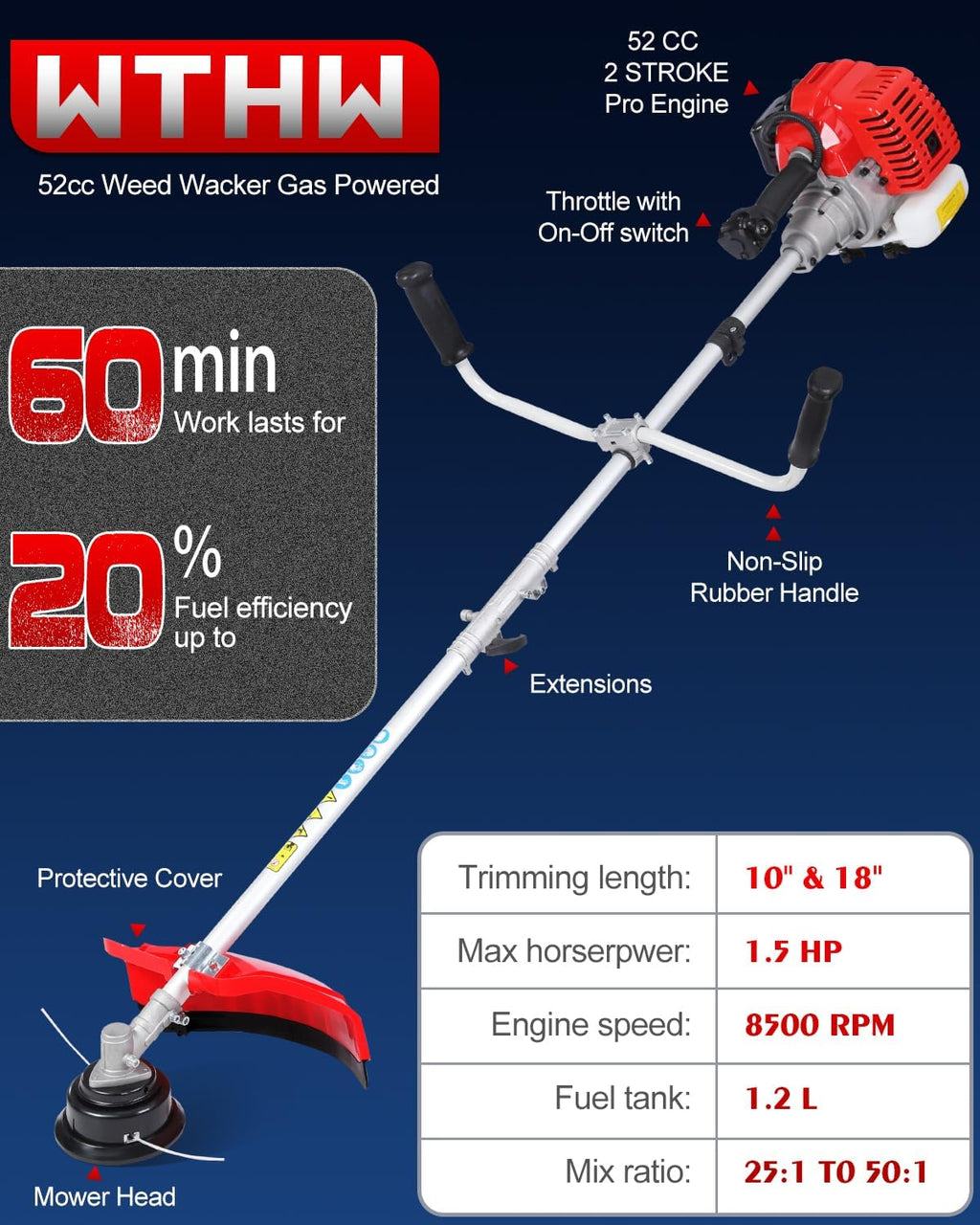 52cc Gas Powered Weed Eater and Brush Cutter 3-in-1, Heavy Duty Straight Shaft String Trimmer with Harness and 2 Heads for Tough Weeds, Grass, and Land Clearing (PT6080)