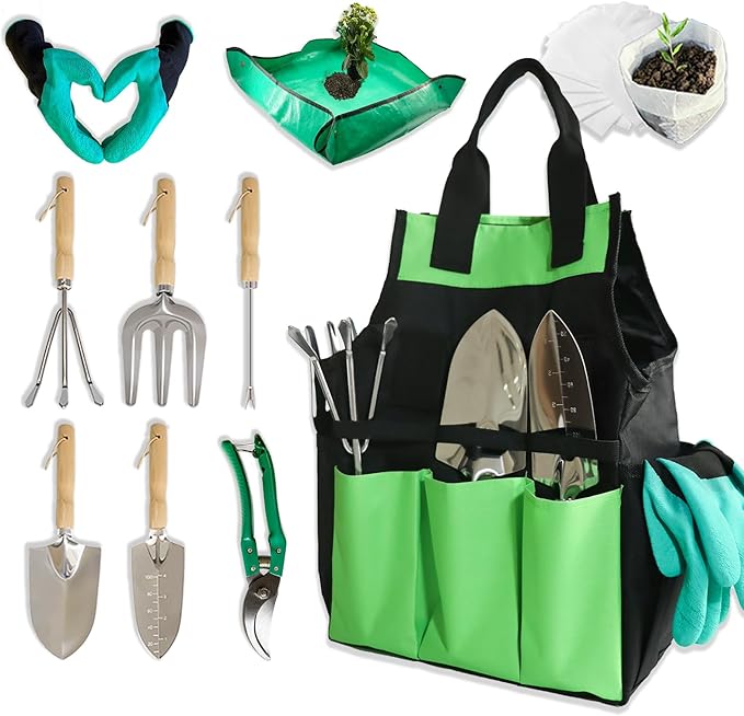 Garden Tool Set of 10 Pieces, Heavy-Duty Stainless Steel Gardening Hand Tools with Repotting Mat and Grow Bags, Gardening Tool Set with Durable Gardening Bag, Ideal Gardening Gifts for Women Men