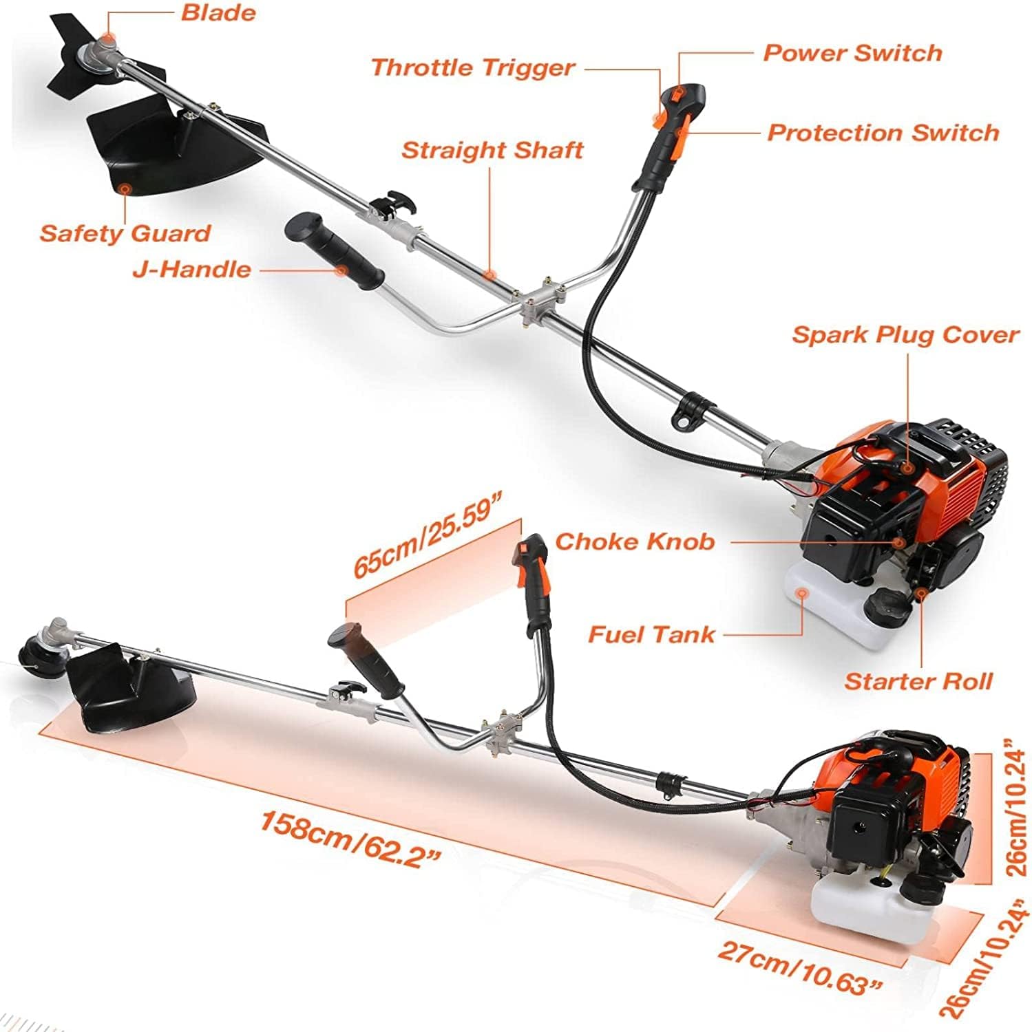 58CC Weed Wacker, Weed Eater Gas Powered 4 in 1 Cordless, String Trimmers 2-Cycle Gas Brush Cutter Weed Wacker Straight Shaft Gas Grass Trimmer for Lawn and Garden Care Trimming