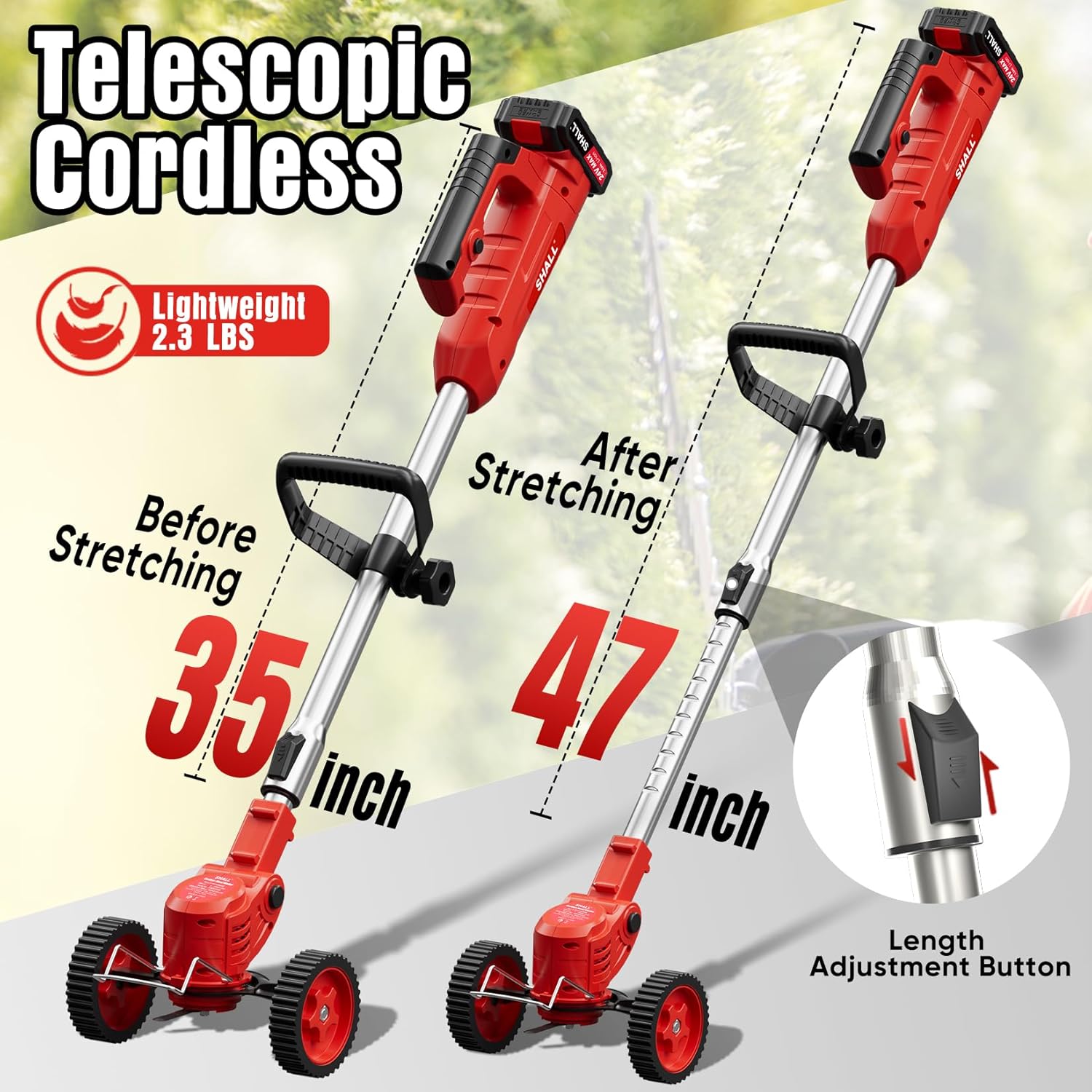 SHALL 24V Cordless Weed Wacker, 3-in-1 Electric Weed Eater Grass String Trimmer Edger, Telescopic Brush Cutter, 2 x 1.5Ah Battery Powered Lawn Mower with 3 Types Blades & Wheels for Yard Garden