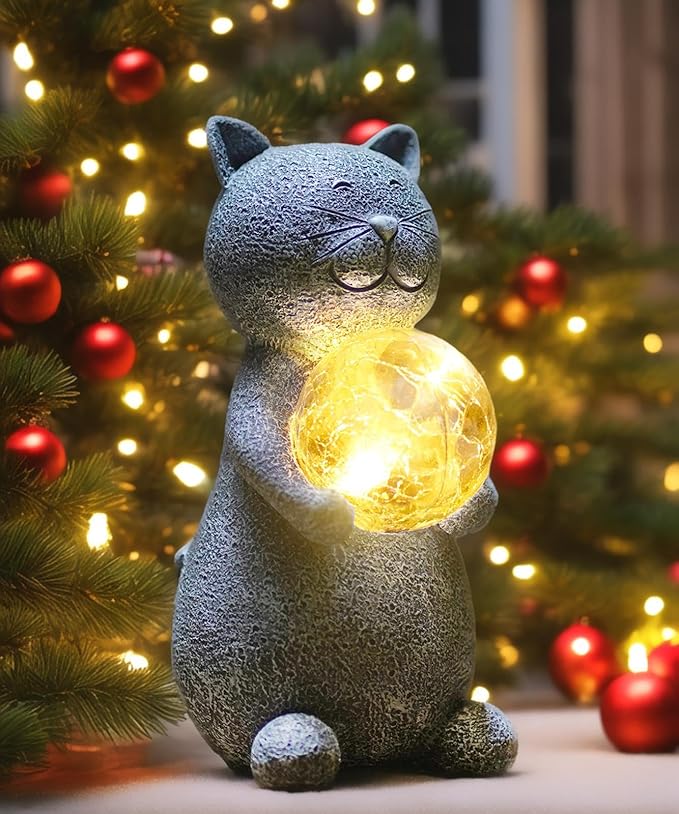 Solar Cat Statue - Garden Decor with LED Lights, Perfect for Mom or Grandma (Gray Cat)