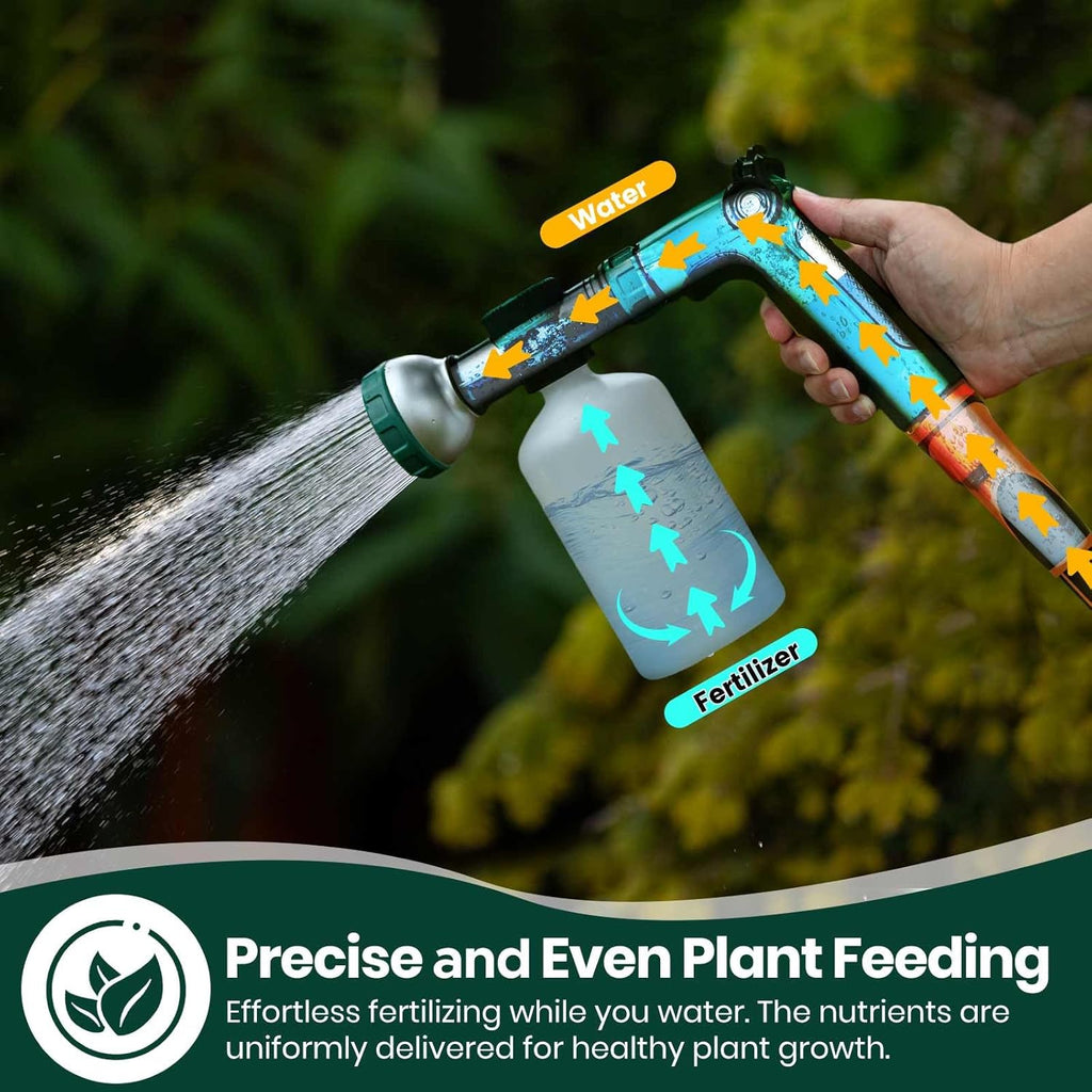 VENETIO 8-Dial Hose-End Sprayer Pro with Quick Connector for Liquid Fertilizer | Lawn and Garden Nozzle Spreader for Uniform Fertilizing, Pet Washing and Outdoor House Cleaning, 34oz Dispenser Bottle