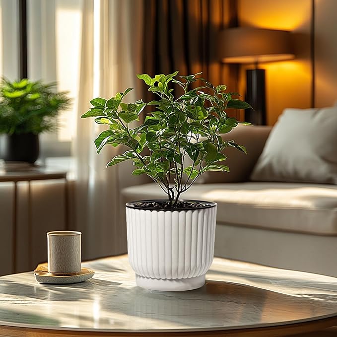 T4U 7 Inch Self Watering Pots for Indoor Plants, 4 Pack White Plastic Flower Pots for All House Plants, Flowers, African Violets