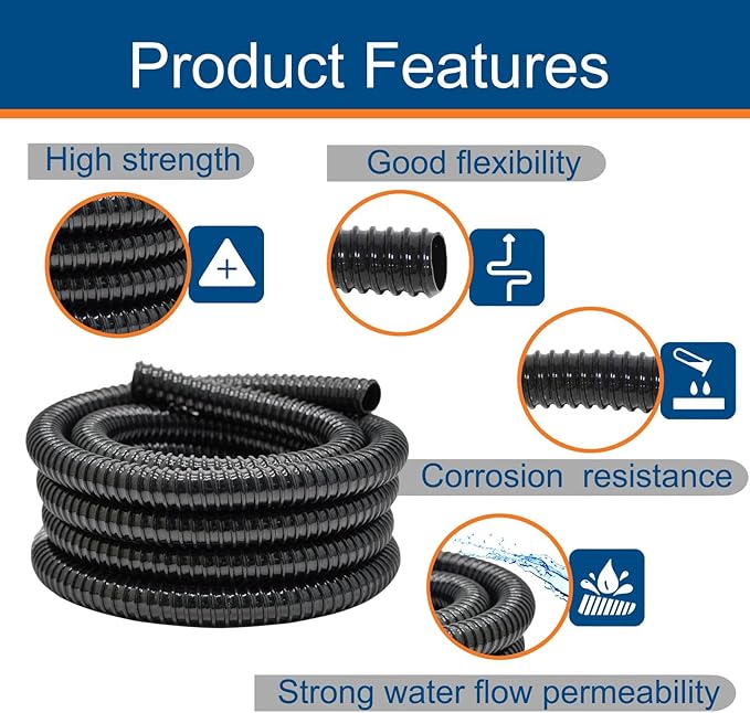 0.75 Inch Pond Tubing, 3/4" ID Corrugated Water Pipe, 20 Feet Length Flexible PVC Hose Pipe with Pipe Fittings, Aquarium, Pond Waterfall, Garden Pond Pump Drainage Tube Black