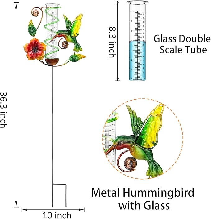 LEWIS&WAYNE 36.3” Hummingbird Rain Gauge Outdoor, 7” Glass Tube Solar Powered 10 Warm White LEDs Garden Metal Stakes Decorative Waterproof for Yard Garden Patio Lawn
