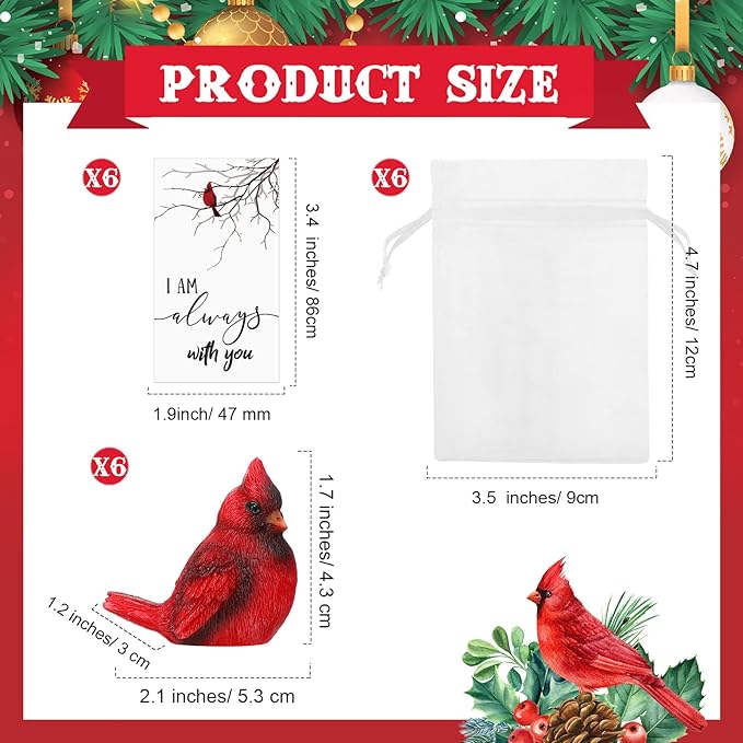 Roowest 18 Pcs Memorial Cardinal Gift Set Include Mini Red Cardinal Bird Statue Figures and Red Feathered Cards and Bags for Sympathy Memorial Gift