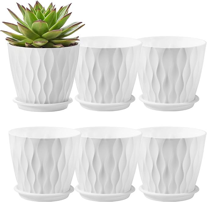 FaithLand 6-Pack 6-Inch Plastic Plant Pots with Saucers | Thickened PP Material, Modern Wave Texture, Enhanced Drainage for Indoor/Outdoor Garden Plants | White Value Set