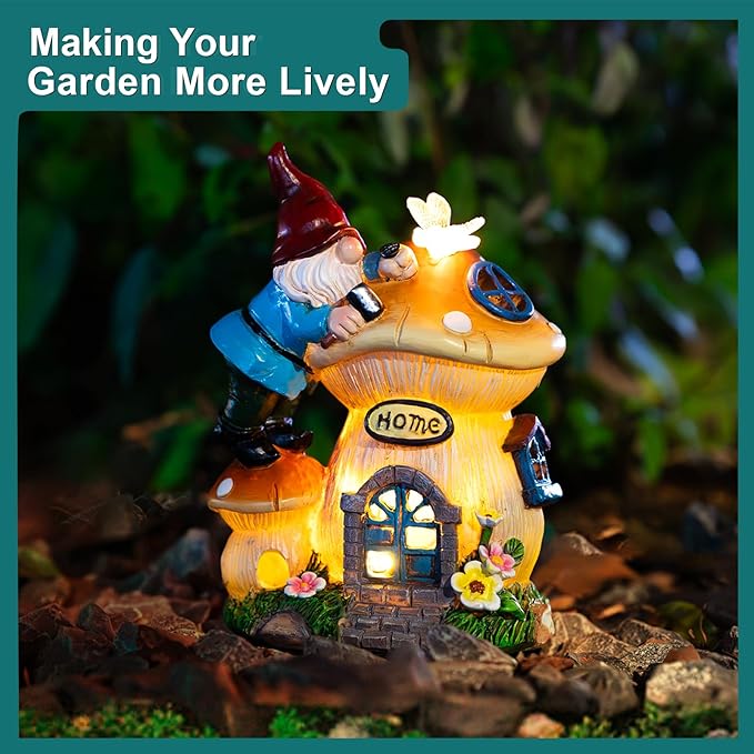 Garden Gnome Statues Figurine Lights - Solar Powered Lighting Outdoor Decorations, Gnome Build Mushroom House, Yard Art Lawn Ornaments for Porch Patio Balcony - Gnome Gifts for Women Mom