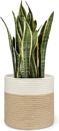 Dahey Jute Spliced Cotton Rope Plant Basket Modern Woven Storage Basket for 10" Floor Indoor Planter, Decorative Flower Pots Cover Laundry Bin with Handle Rustic Home Decor, White and Beige
