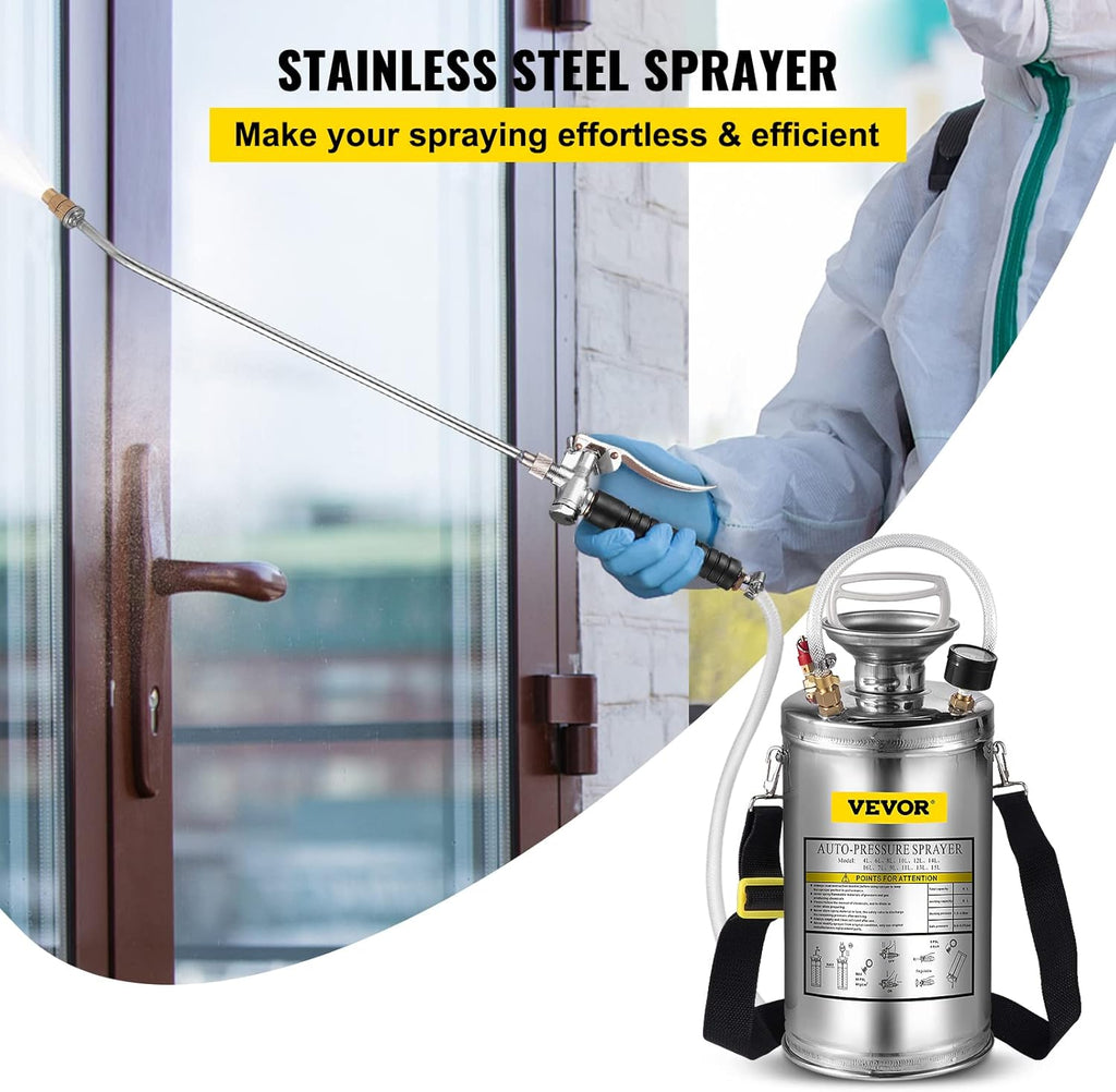 Happybuy 1.5 Gallon Stainless Steel Sprayer, 16" Wand&3.3FT Reinforced Hose, Hand Pump Sprayer with Pressure Gauge, Safety Valve&Adjustable Nozzle, Weed Sprayers for Lawn, Gardening & Sanitizing