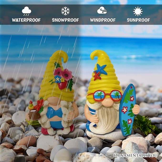 Spring & Summer-Themed Garden Statues – Adorable Outdoor Decor for Lawn, Patio & Porch (Tropical Beach Gnome Duo Figurine Set, Cute 6" Summer Decoration Garden Statue)