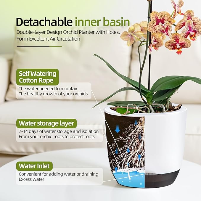 QCQHDU 2 Pack Orchid Pots with Holes for Repotting, Double-Layer and Self Watering Orchid Pot with Good Air Circulation