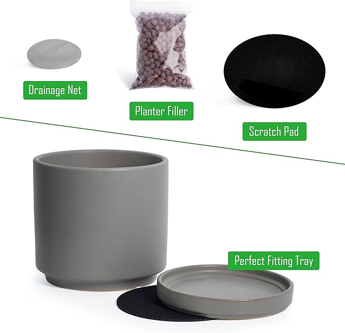 D'vine Dev Set of 2 Plants Pots, 6 Inch Ceramic Planter Pot for Plants with Drainage Hole and Saucer, Speckled Grey, 94-V-C-3