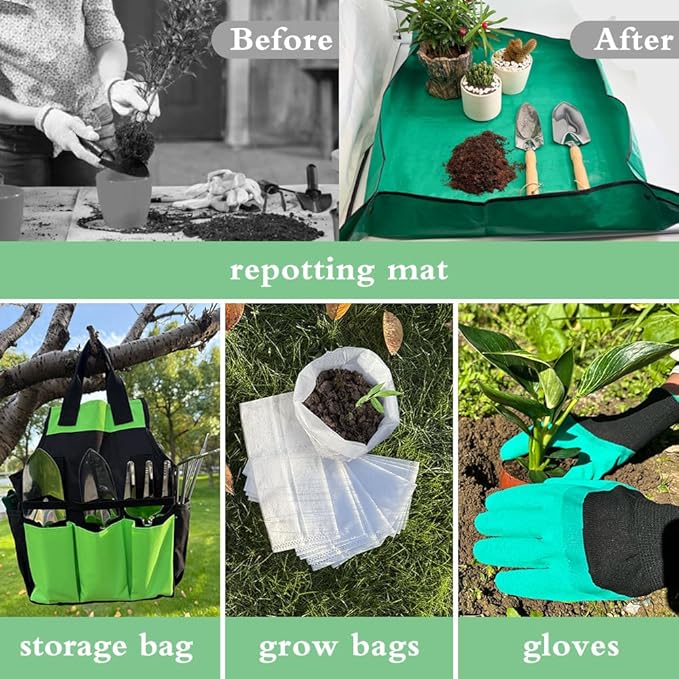 Garden Tool Set of 10 Pieces, Heavy-Duty Stainless Steel Gardening Hand Tools with Repotting Mat and Grow Bags, Gardening Tool Set with Durable Gardening Bag, Ideal Gardening Gifts for Women Men