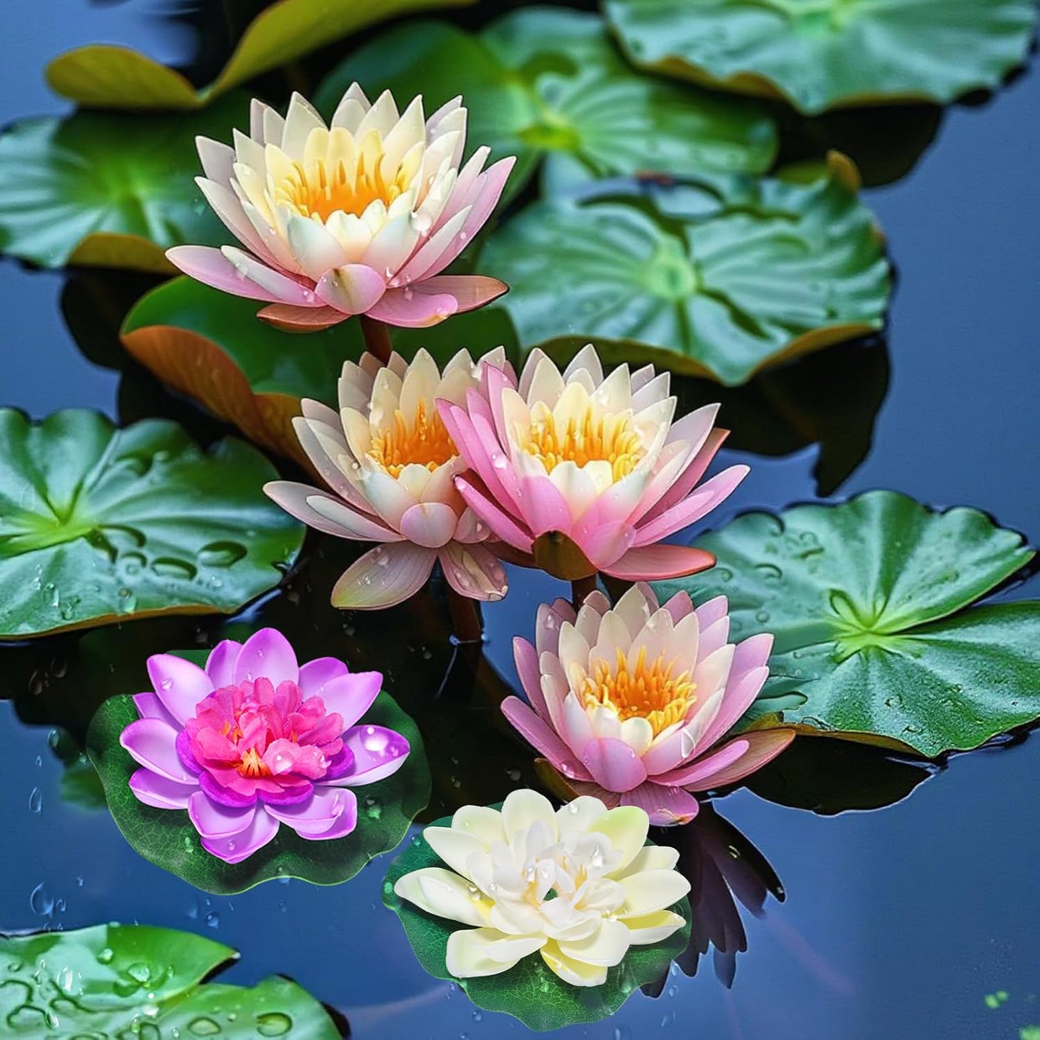 2PCS 10CM/3.94Inch Birdbath Fountain Accessory, Artificial Floating Foam Lotus Flower with Water Lily Pad, Artificial Lotus Flowers Decor, Lotuss Leaf Flower Floating Garden Pond Decor, Pool Decoratio